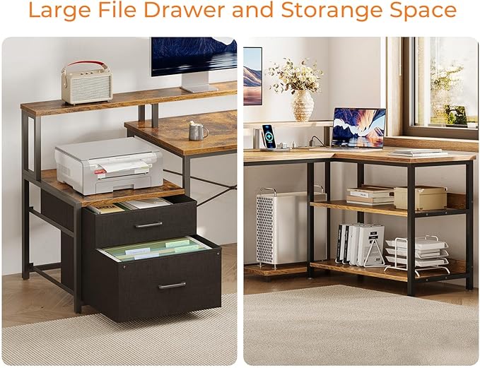 ODK 75" L Shaped Desk with File Drawers, Work from Home Office Desk with Power Outlet, Reversible Computer Desk with Storage Shelves, Gaming Desk with Monitor Shelf, Corner WFM Table, Vintage