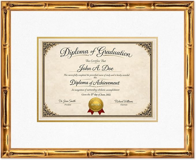 Diploma Frame Gold Bamboo with Oyster Shell Over Gold Double Mat - Fits 11.69 x 8.27 A4 Certificate Wall Display Made in the USA