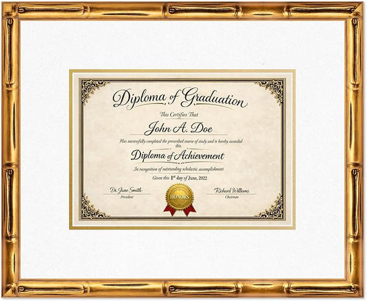 Diploma Frame Gold Bamboo with Oyster Shell Over Gold Double Mat - Fits 11.69 x 8.27 A4 Certificate Wall Display Made in the USA