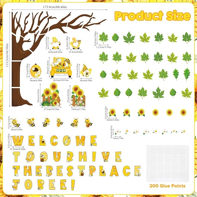 Pajean 104 Pcs Classroom Tree Bulletin Board Set Bee Sunflower Bulletin Boards Decoration Cutouts Spring Summer Tree Leaves Cutout for Classroom Window Wall Home Office School Decor