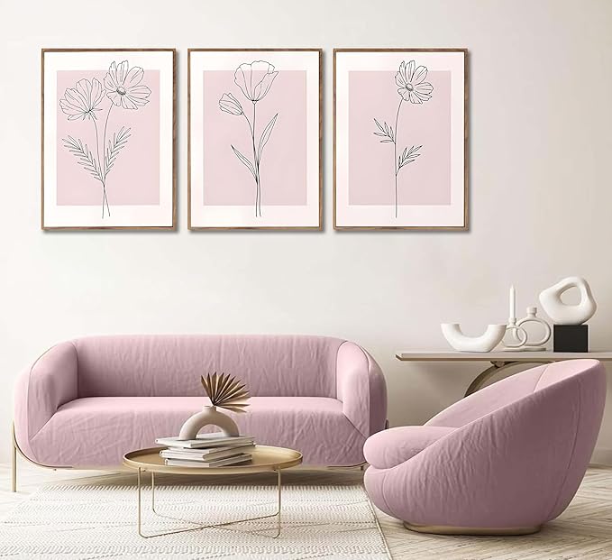 3Pcs Framed Minimalism Botanical Canvas Wall Art Pink Flowers Line Plants Pictures Wall Decor Posters Print Artwork for Girls' Room Living Room Bedroom Bathroom Office Home Decoration