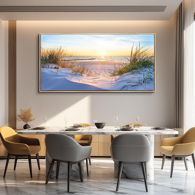 MHARTK66 Canvas Prints Wall Art Beach Sunrise Ocean Waves Beach Grass Nature Pictures Coastal Wall Decor Stretched Canvas Wooden Framed for living Room Bedroom and Office Home Decoration 24"x48"