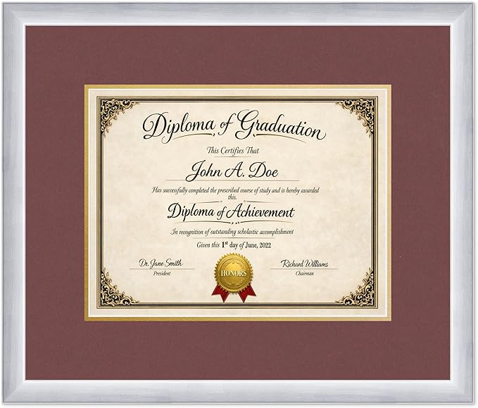 Diploma Frame Stainless Silver with Dark Red Over Gold Double Mat - Fits 13 x 10 College Diploma (Traditional) Wall Display Made in the USA