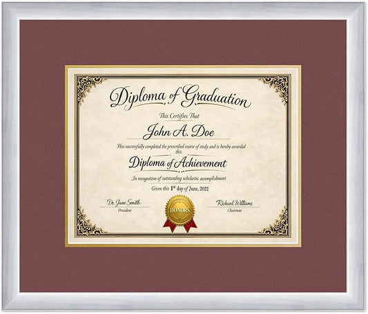 Diploma Frame Stainless Silver with Dark Red Over Gold Double Mat - Fits 13 x 10 College Diploma (Traditional) Wall Display Made in the USA