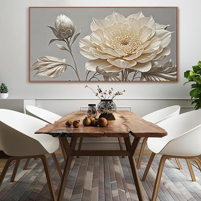 Large Wall Art Living Room Home Wall Decor Modern Canvas Art Wall Decor 29 X 58 Inches White Flower Wall Art Painting Print Elegant Silver White Flower Picture For Bedroom Office Artwork With Framed
