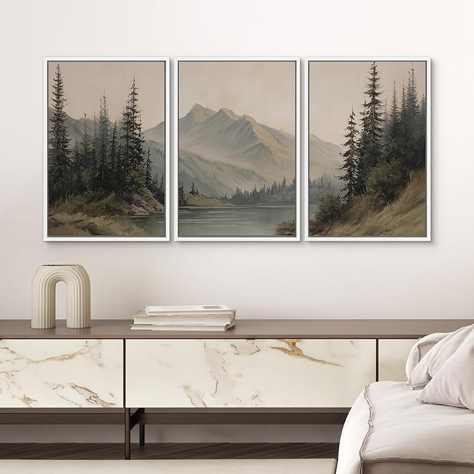 SIGNWIN Framed Canvas Print Wall Art Set Tranquil Pine Forest Mountain Lake Landscape Illustrations Modern Art Decorative Nordic Abstract for Living Room, Bedroom, Office - 24"x36"x3 White