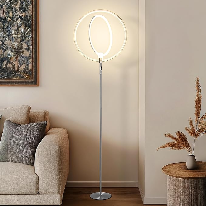 Brightech Eclipse Dimmable LED Floor Lamp, Modern Torchiere Floor Lamp for Living Rooms & Offices – Super Bright Tall Lamp with Dimmable Options for Reading, Standing Lamp Living Room Décor - Silver