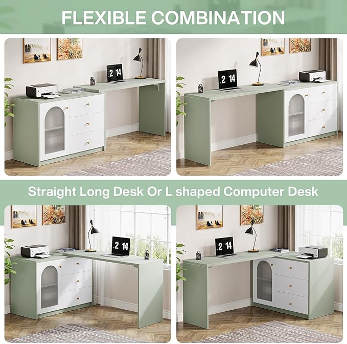 Tribesigns L-Shaped Computer Desk with Drawers, Modern Corner Home Office Desk with Reversible Storage Cabinet, Long Study Writing Desk Workstation for Home Office, Cyan & White