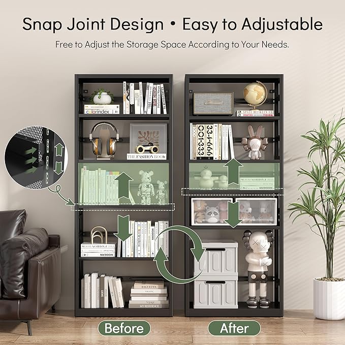 [Heavy Duty] Metal 5 Tier Bookshelf, 68" Tall Bookcase with Adjustable Shelves, Open Storage Shelf, Floor Standing Bookshelves, Bookcases for Office, Living Room, Bedroom, Black, Assembly Required