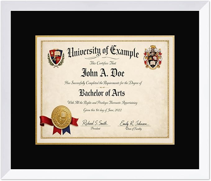 CountryArtHouse Diploma Frame Fits 14 x 11 College Diploma (Modern) - Keepsake Graduation Display Bright White Genuine Hardwood with Black Over Metallic Gold Double mat