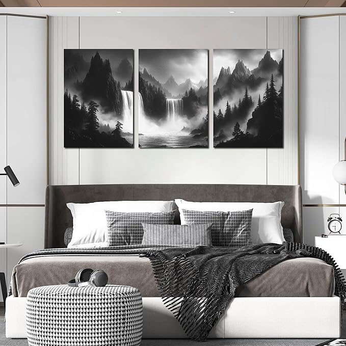 Waterfall Canvas Wall Art for Living Room - Mountains Pictures Wall Art for Office - Modern 3 Piece Large Wall Art for Bedroom Size 24" x 36"