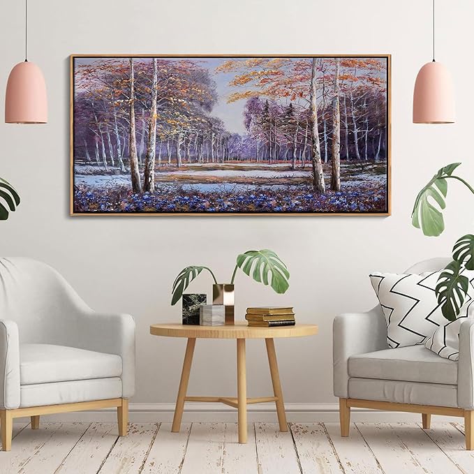 KLAKLA Landscape Wall Art - Blue and Orange Nature Scenery Tree Purple Wall Decor Living Room Bedroom Forest Pictures Framed Artwork for Wall Blue Flower Wall Art