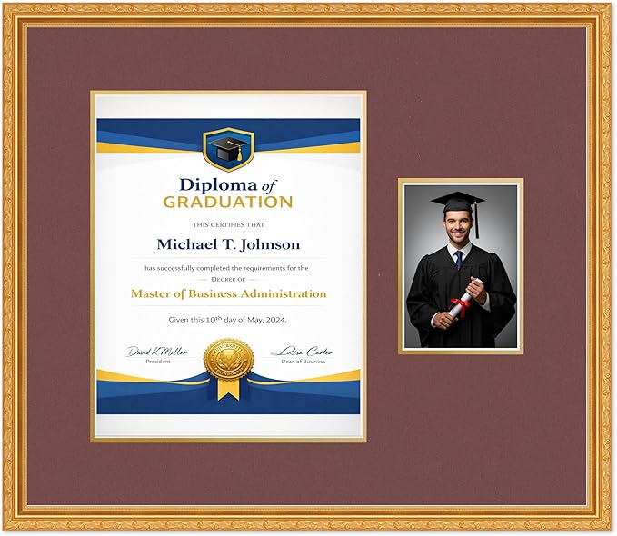 Diploma Frame With Photo Opening Museum Gold Dark Red Over Gold Mat - Fits 11 x 14 Degree and Picture Made in the USA