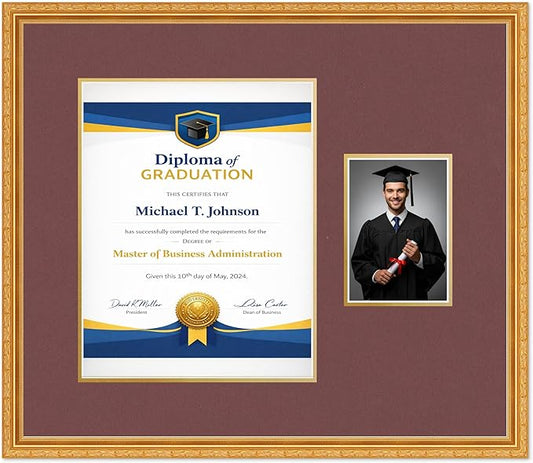 Diploma Frame With Photo Opening Museum Gold Dark Red Over Gold Mat - Fits 11 x 14 Degree and Picture Made in the USA