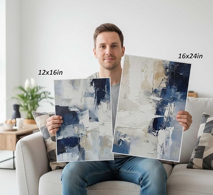 3pcs Navy Blue Abstract Canvas Wall Art Modern Minimalist Neutral Blue White Painting Picture Wall Decor Posters Prints Artworks for Living Room Bedroom Office Home Decoration Unframed