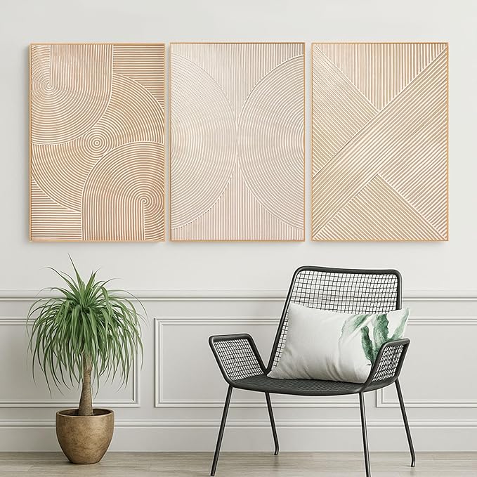 Zessonic Large Textured 3D Wall Art Neutral Set of 3-24"x36" Hand-Painted Abstract Canvas Framed Paintings Brown for Living Room, Bedroom - Modern Minimalist Neutral Boho Decor