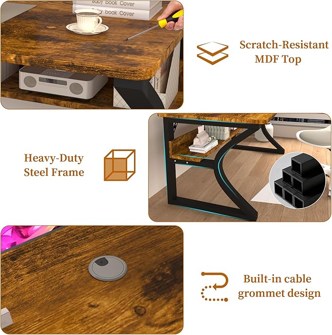 AZN Computer Desk, Computer Desk 55in, Office Desk w/Metal Frame & Storage, Office Desk for Study Writing Work Game, Home Office Desk Computer Desks w/Waterproof & Scratch-Resistant Surface, Brown