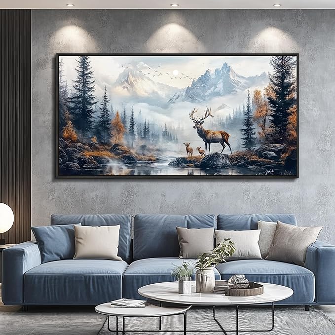 KELIYUAN Canvas Wall Art For Living Room Black Framed Wall Decor For Bedroom Office Prints Pictures Elk Foggy Mountain Landscape Painting Scenery Stretched and Framed Wall Art Home decor 20"X40"