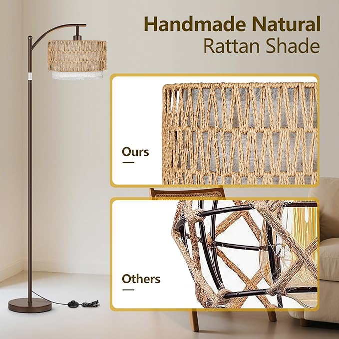 ROTTOGOON Arc Floor Lamps for Living Room, Boho Farmhouse Floor Lamp with Remote & Dimmable Bulb, Standing Lamp with Rattan & Fabric Shades, Adjustable Tall Lamp for Bedroom Office-Brown