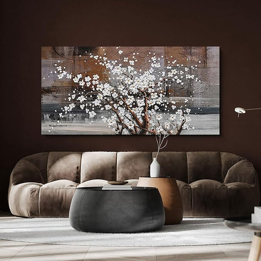 Wall Art for Living Room Large Modern Wall Decor Canvas Paintings for Wall Decorations White Flower Graffiti on Brown Background Bedroom Office Artwork Plum Blossom Art Prints Framed 24x48 inches