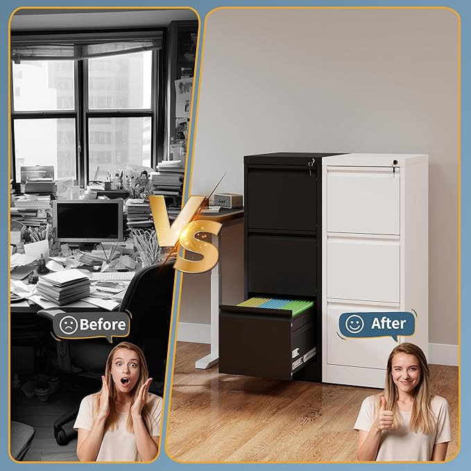 3 Drawer File Cabinet with Lock, Vertical Filing Cabinets for Home Office, Metal Storage Cabinets, Heavy Duty File Cabinet for Letter/Legal/A4/F4 Size Amsseble Required, White