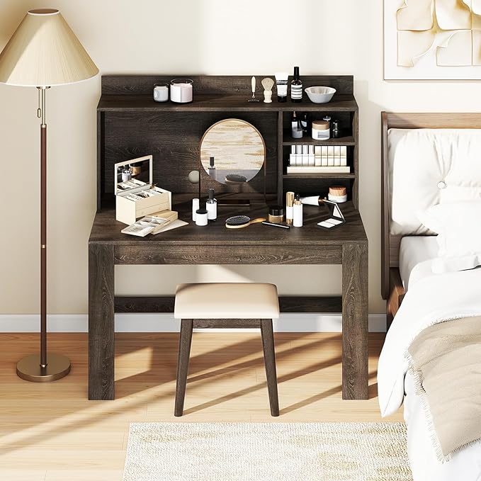 Giantex Computer Desk with Hutch, Modern Home Office Desk with Power Outlets, Storage Shelves & Cable Hole, Makeup Vanity Table, Study Writing Desk for Bedroom Office Small Space (Grey Oak)