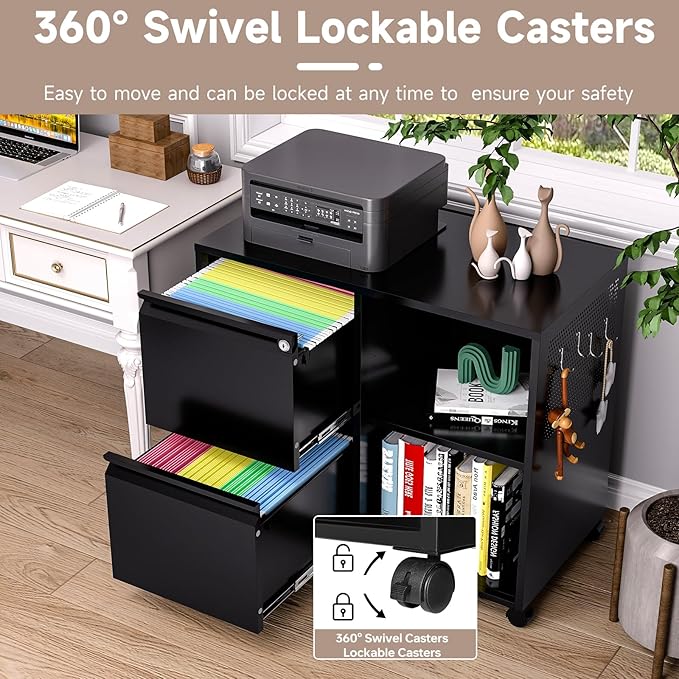 2 Drawer File Cabinet for Home Office, Rolling File Cabinets with Lock, Under Desk Metal Filing Caninet with Wheels for A4 / F4 / Letter/File Box, Black-Assembly Required