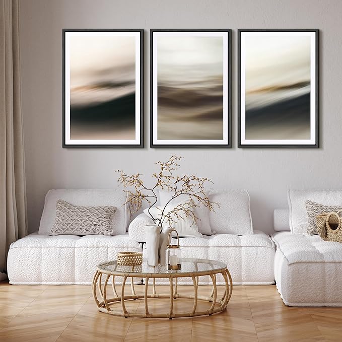 SIGNFORD Framed Wall Art Print Set Neutral Coastal Abstract Minimalist Ocean-Inspired Digital Art Modern Art Contemporary for Living Room, Bedroom, Office - 16"x24"x3 Black