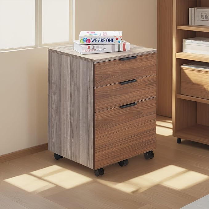 JJS 3 Drawer Rolling Wood File Cabinet with Locking Wheels, Home Office Portable Vertical Mobile Wooden Storage Filing Cabinet for Letter Size，Brown Drawer