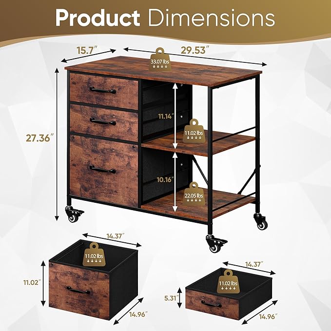 JungleA 3 Drawer Mobile File Cabinet, with 3 Fabric Drawers and 2 Shelves, Mobile Storage Organizer Cart for Office, Study Room, Library, Burnt Texture