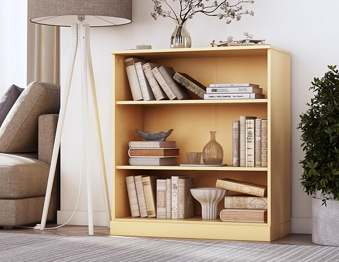 Palace Imports Solid Wood Bookcase - 3 Tier Floor Standing Bookshelf - 36" Short Storage Cabinet, 32” Wide - Yellow, Display Furniture for Living Space, 100% Eco-Friendly Wood, Made in Brazil