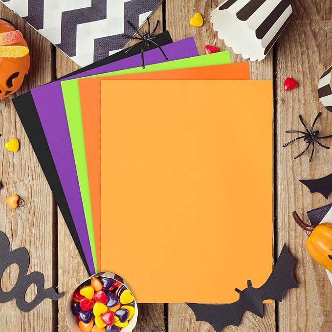 Whaline 150 Sheets 8.5 x 11 Inch Assorted Halloween Colored Card Stock Paper Black Purple Green Orange Yellow Scrapbook Paper for DIY Crafts Card Making Hocus Pocus Party Gift Supplies, 65lb