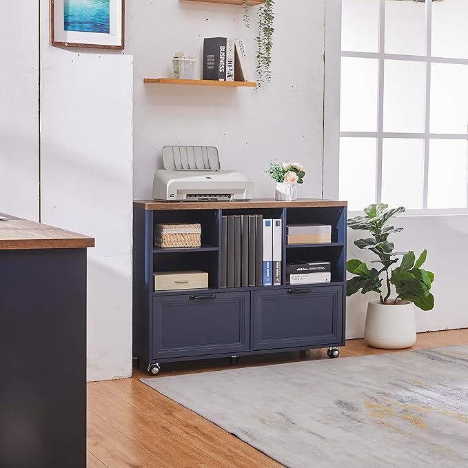 40" Lateral File Cabinet,Farmhouse Wood Small Home Office Storage with Wheels,Filing Cabinet with 2 Drawers for Legal/Letter/ A4 Size (Blue)