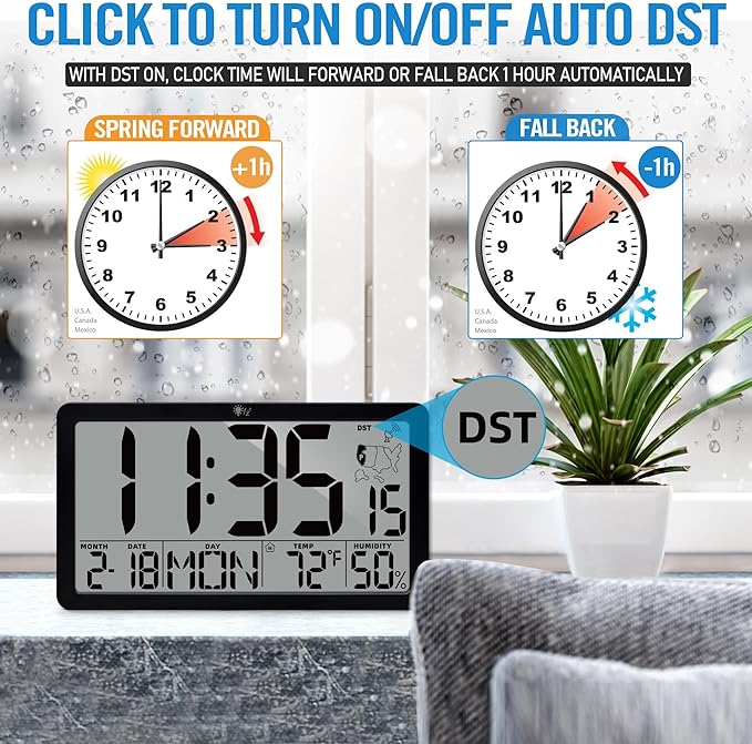 TXL Atomic Digital Wall Clock, Battery Operated with Temperature & Humidity, Auto DST, Date & Weekday, Easy Set Alarm, for Living Room, Bedroom, Office & Classroom (Black)