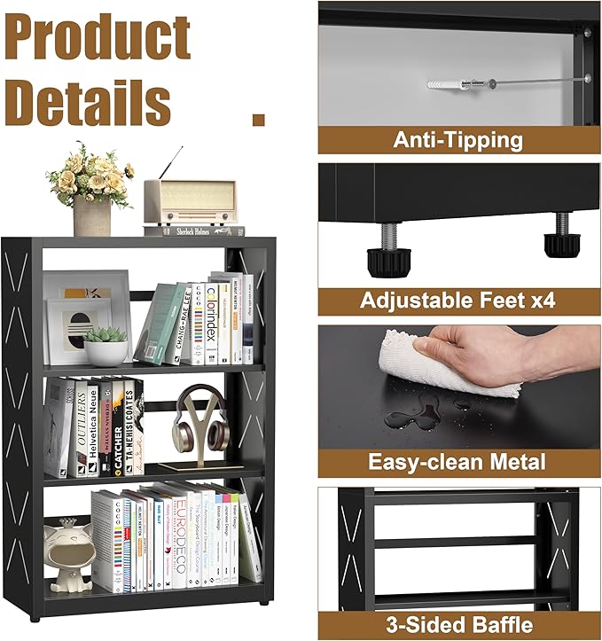 3 Tier Bookshelf, 34"Tall Metal Bookcase with Adjustable Shelves, Modern Display Book Shelf, Black Bookcase Shelf, Utility Shelf, Storage Shelves for Office, Living Room, Kitchen, Study-23"W