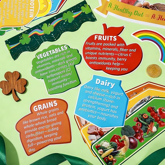 56pcs St. Patrick's Day Bulletin Board Decorations Nutrition and Health Theme Bulletin Board Green Lucky Shamrock Healthy Notes Cutouts for Irish Holiday Home Classroom School Chalkboard Wall Decor