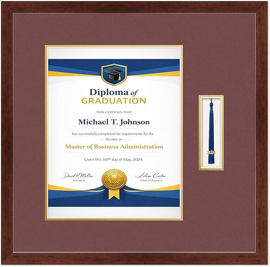Diploma Frame with Tassel Holder Rustic Walnut Shadowbox Dark Red Over Gold Mat - Fits 11 x 14 Degree Made in the USA