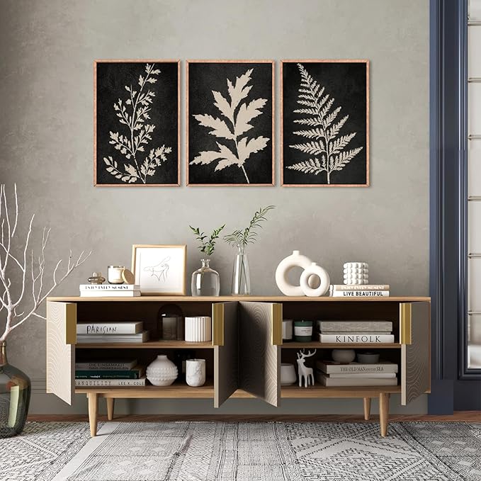 Ausril Black Tan Fern Leaf Framed Canvas Wall Art Set, Minimalist Botanical Wall Decor, Nature Fern Plant Silhouette Wall Painting, Modern Art Print for Living Room, Bedroom, Office 16"x24"x3