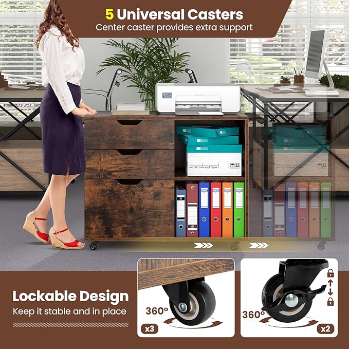 3 Drawer File Cabinet, Wood Lateral Filing Cabinet for Hanging Letter, A4, Legal Size, Rolling Printer Stand with Adjustable Shelf, Under Desk Storage for Home Office (Brown)