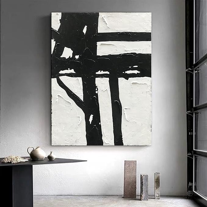 NANKAI Hand-Painted Black and White Abstract Wall Art Contemporary Minimalist Oil Painting Art 45x30 inch Large Painting Art for Home Walls Living Room Hallway Wall Decoration