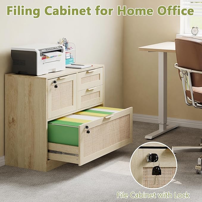 HOPUBUY Lockable 4 Drawers File Cabinet, Lateral Filing Cabinet with Printer Stand for Home Office and School, Wood Rattan File Cabinet for Hanging Files/Letter/Legal/A4/F4 Size, Natural Wood