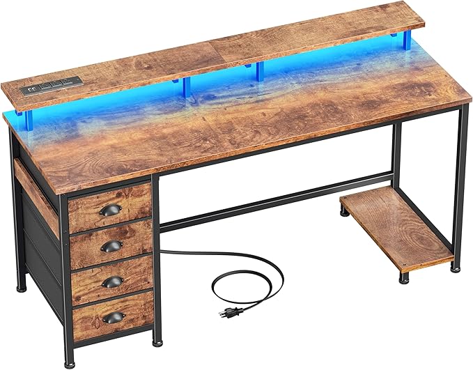 Furologee Computer Desk with Power Outlets & LED Lights, 55 Inch Reversible Gaming Desk with Full Monitor Stand, Home Office Table with 4 Fabric Drawers, Study Table for Bedroom, Rustic Brown