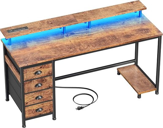 Furologee Computer Desk with Power Outlets & LED Lights, 55 Inch Reversible Gaming Desk with Full Monitor Stand, Home Office Table with 4 Fabric Drawers, Study Table for Bedroom, Rustic Brown