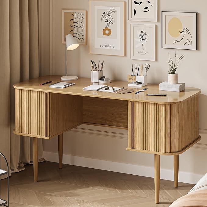 55" Modern Writing Desk with Storage, Wood Home Office Desk with Sliding Doors, Computer Desk for Home Office, Dorm, Living Room, Home Study Table, Natural