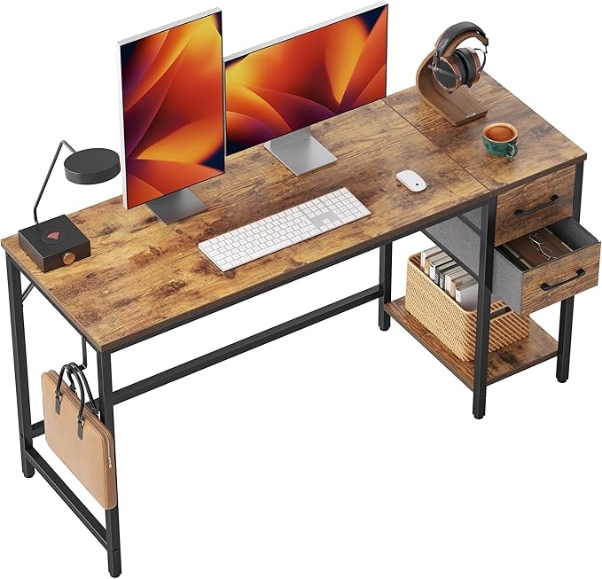 CubiCubi Computer Desk with 2 Drawers, 47 Inch Small Home Office Desk with Storage Study Writing Table, Rustic Brown