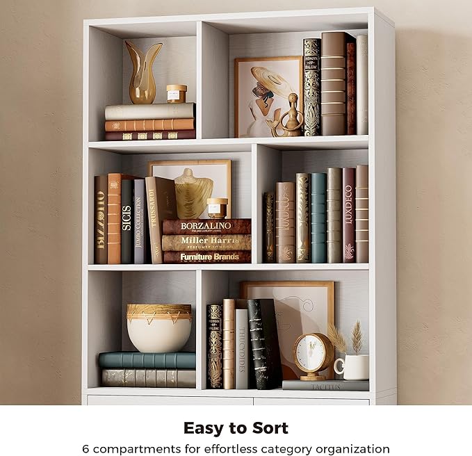 IRONCK Book Shelf with Doors and 3 Drawers 6-Tier Tall Bookcase 70.9 Inch with Storage Modern Bookshelf with 6 Open Cubes for Home Office, Living Room