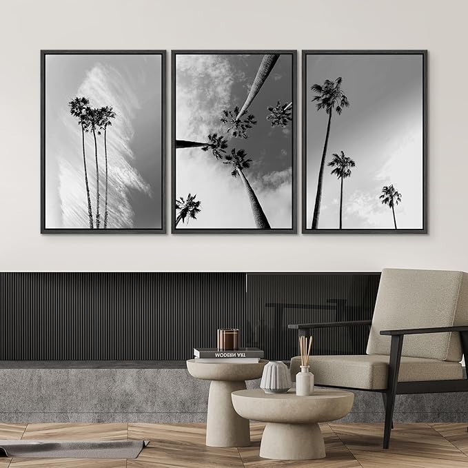 SIGNWIN 3 Piece Framed Canvas Wall Art Black and White Palm Tree Canvas Prints Home Artwork Decoration for Living Room,Bedroom - 24"x36"x3 Panels
