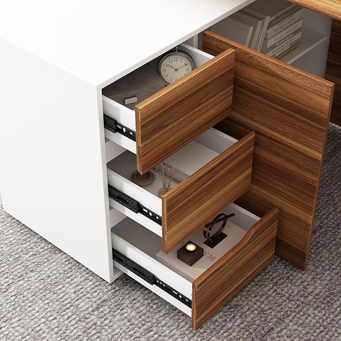 Homsee Home Office Computer Desk Corner Desk with 3 Drawers, 2 Shelves & 2 Doors, 55 Inch Large L-Shaped Study Writing Table with Storage Cabinet, White & Brown (54.3”L x 40.9”W x 29.1”H)