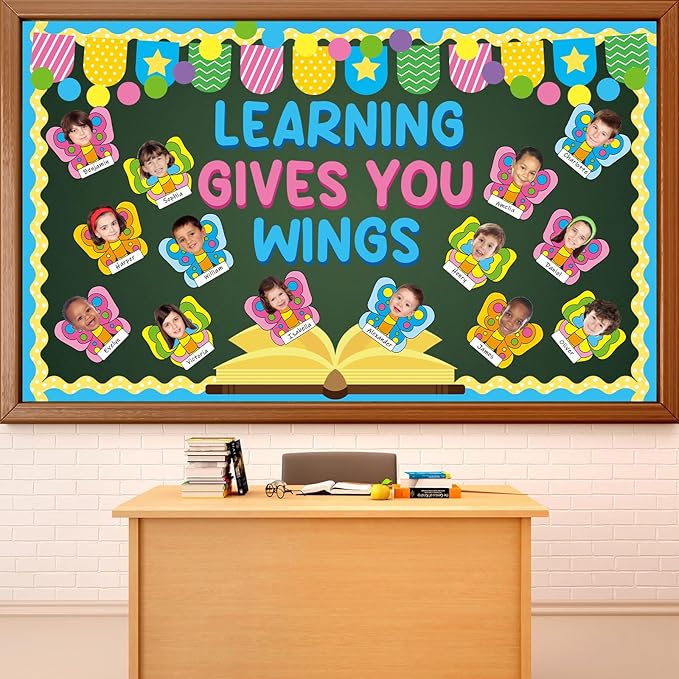 Learning Gives You Wings Bulletin Board Decorations Set Classroom Summer Butterfly Name Tags DIY Photo Cutouts Back to School Positive VBS Bulletin Board Decor for Teacher Nursery Chalkboard Wall