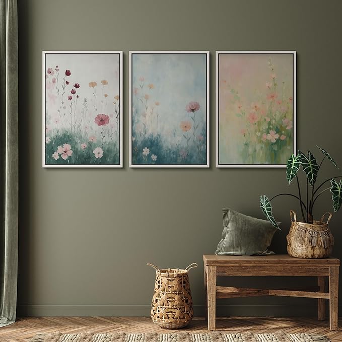 SIGNFORD Framed Wall Art Print Set Pastel Wildflower Meadow Soft Botanical Digital Art Modern Art Contemporary for Living Room, Bedroom, Office - 16"x24"x3 WHITE
